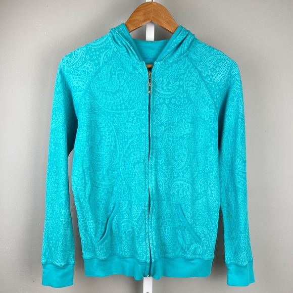Fresh Produce Waffle Knit Hoodie Womens M Teal Paisley Light Weight Full Zip - Picture 2 of 7